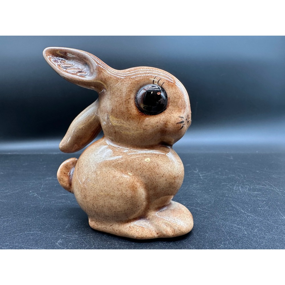 Vintage Huge Eyes Bunny Rabbit Figurine Brown Glazed Pottery Vintage MCM